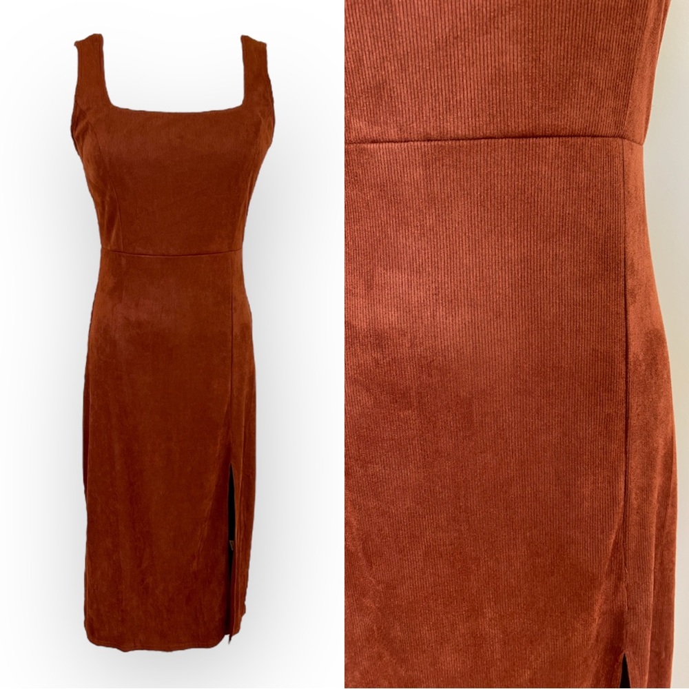 Le Lis Burnt Orange Corduroy Square Style Midi Dress